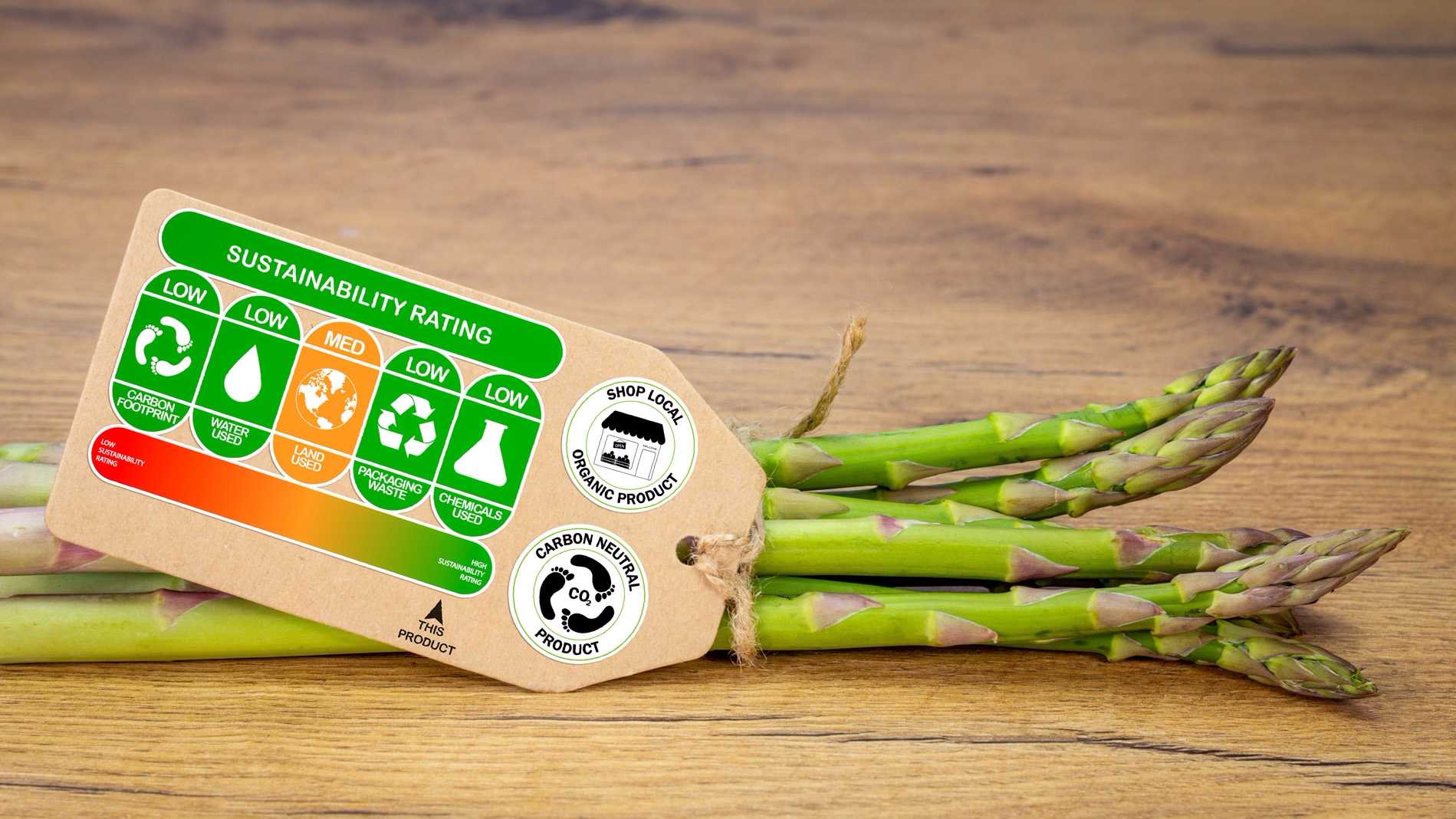 The picture shows asparagus with a label indicating how sustainably they are produced.